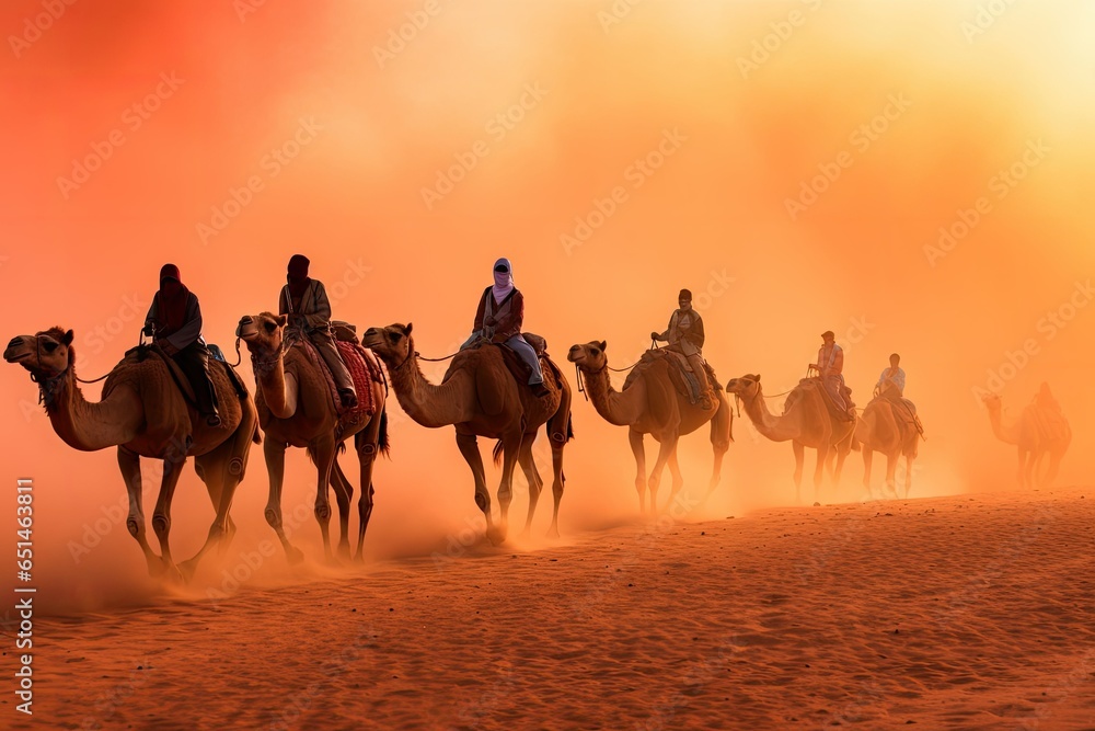 Camel trek with tourists through the sahara desert - obrazy, fototapety, plakaty 
