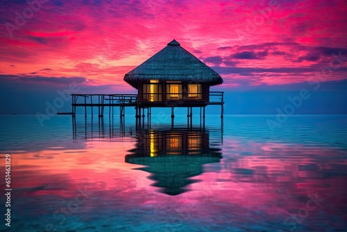 Beautiful sunset on the tropical beach with water bungalows © jambulart