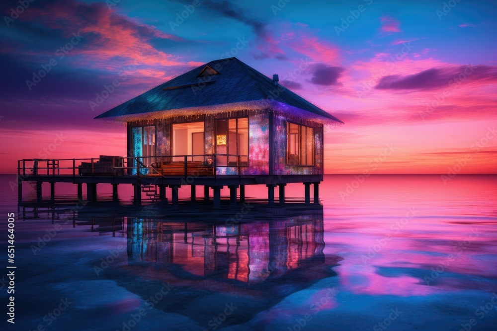 Beautiful sunset on the tropical beach with water bungalows Beautiful sunset on the tropical beach with water bungalows