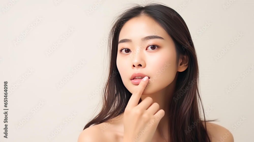 A beautiful asian female model, one hand stroking her cheek, on a white background. A beautiful asian female model, one hand stroking her cheek, on a white background.