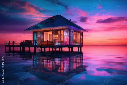 Beautiful sunset on the tropical beach with water bungalows
