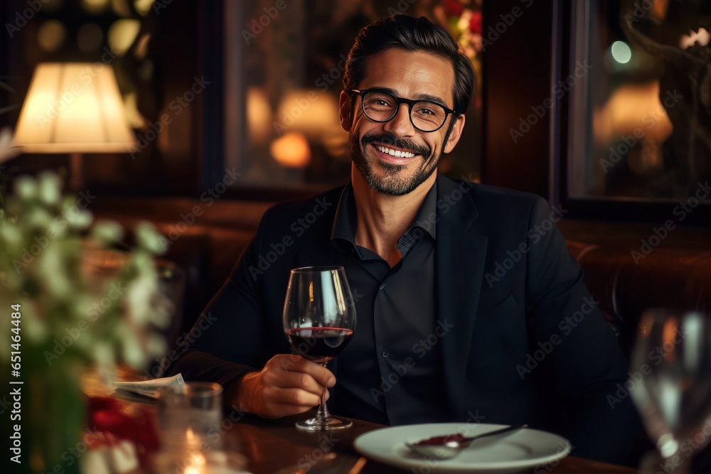 Date. Smiling middle aged mixed race man on date in an expensive restaurant. He holds a glass of wine and looking at you. A romantic moment at a restaurant. Date. Smiling middle aged mixed race man on date in an expensive restaurant. He holds a glass of wine and looking at you. A romantic moment at a restaurant.