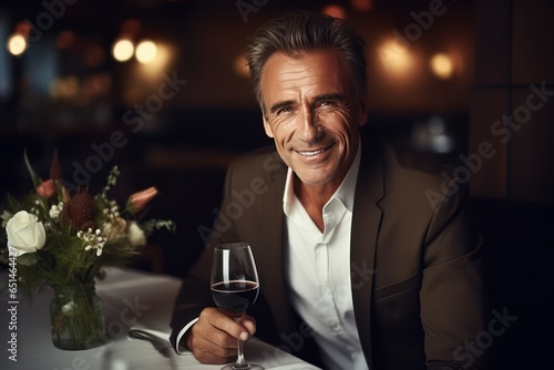 Date. Smiling middle aged Caucasian man on date in an expensive restaurant. He holds a glass of wine and looking at you. A romantic moment at a restaurant.