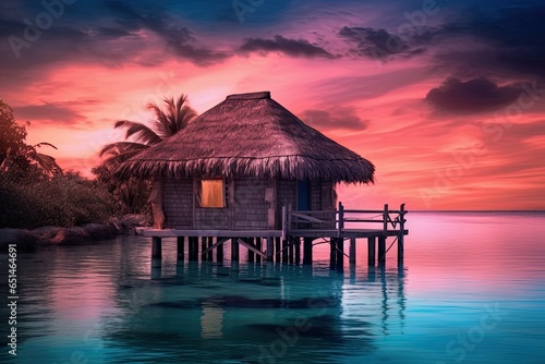 Wooden hut at tropical beach at sunset