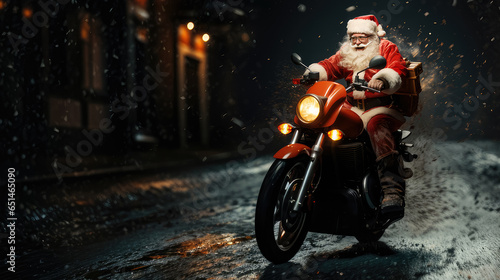 Santa Claus riding scooter with gift box isolated background