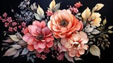 On a dark background, a lovely watercolor bouquet of flowers is displayed. .