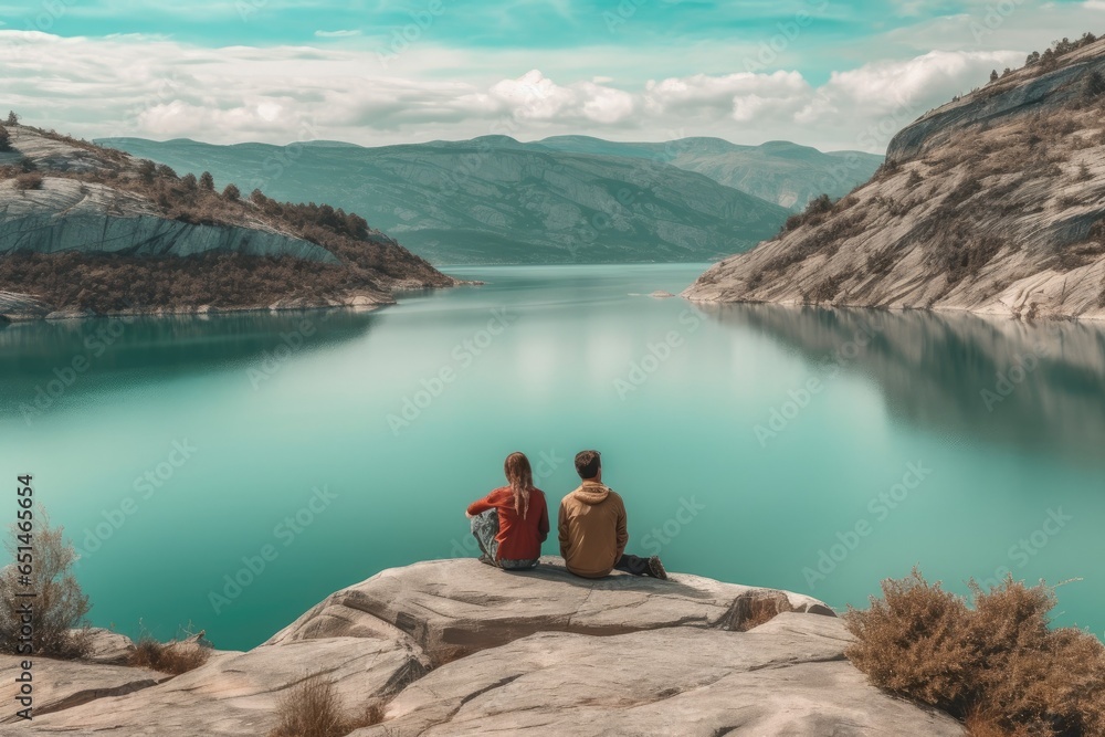 Couples looking at a lake in the mountains, lovely couple