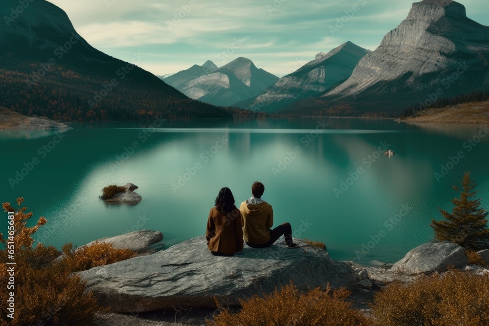 Couples looking at a lake in the mountains, lovely couple Couples looking at a lake in the mountains, lovely couple
