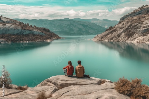 Couples looking at a lake in the mountains, lovely couple