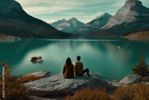 Couples looking at a lake in the mountains, lovely couple