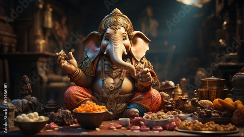 beautiful tiny lord ganesha eating modaks, in india, festival backdrop..