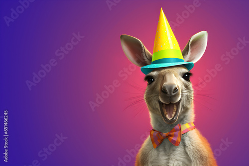 Fototapeta Naklejka Na Ścianę i Meble -  Creative animal concept. Kangaroo in party cone hat necklace bowtie outfit isolated on solid pastel background advertisement, copy text space. birthday party invite invitation