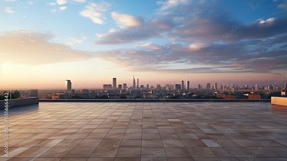 Panoramic picture of the city from the building's roof, showing just the empty floors..