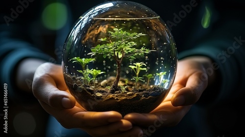 clutching a glass ball with a tree within is a human hand. notion of environmental conservation..