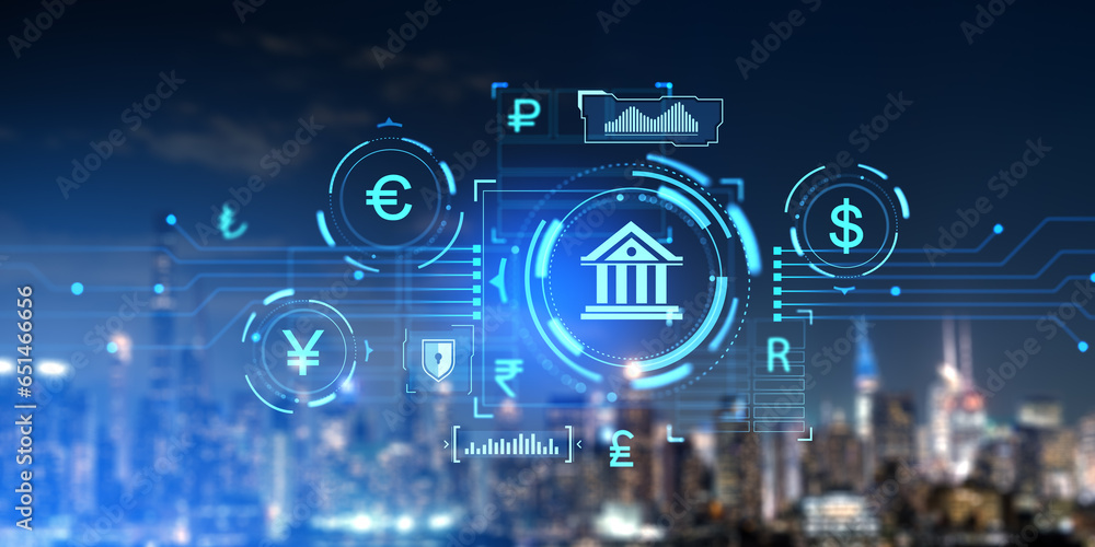 Fototapeta premium Central bank digital currency hologram with glowing icons and circuit board