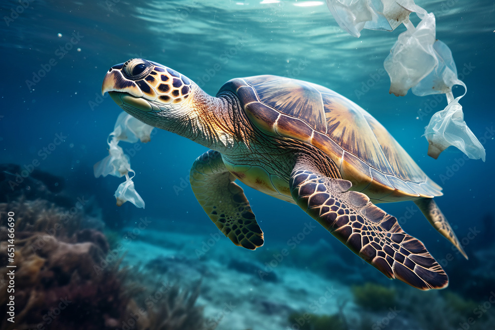 Sea Turtles can eat plastic bags mistaking them for jellyfish.Environmental issue of plastic pollution problem.generative ai Sea Turtles can eat plastic bags mistaking them for jellyfish.Environmental issue of plastic pollution problem.generative ai