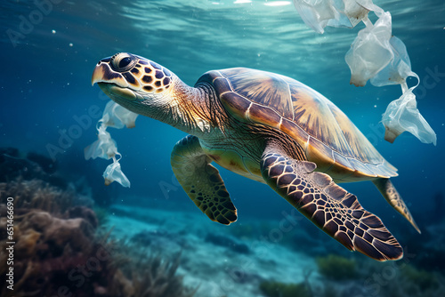 Sea Turtles can eat plastic bags mistaking them for jellyfish.Environmental issue of plastic pollution problem.generative ai © LomaPari2021
