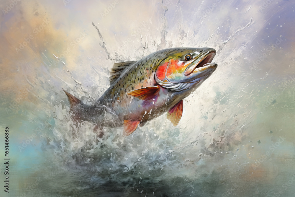 Fototapeta premium Fishing rainbow trout fish splashing in the water of a forest lake.generative ai