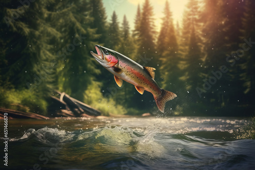 Fishing rainbow trout fish splashing in the water of a forest lake.generative ai photo