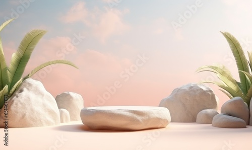 Mockup podium with stone landscape background, tropical scene light mockup for product display or showcase