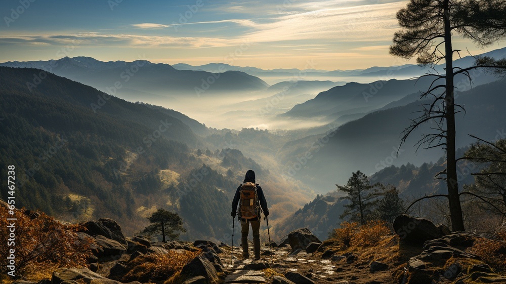 Concept of barriers in life with crippled guy trekking with