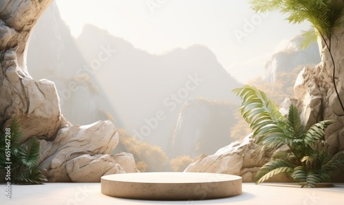 Mockup podium with stone landscape background, tropical scene light mockup for product display or showcase