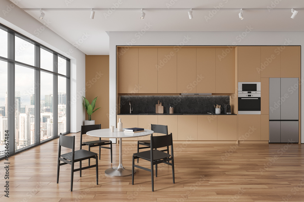 Beige hotel kitchen interior with dining and cooking space, panoramic window Beige hotel kitchen interior with dining and cooking space, panoramic window