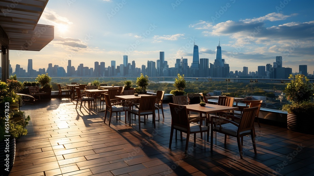 With tables and seats overlooking the cityscape and surrounding skylines, a restaurant's roof terrace. .