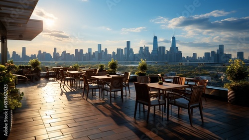 With tables and seats overlooking the cityscape and surrounding skylines  a restaurant s roof terrace. .