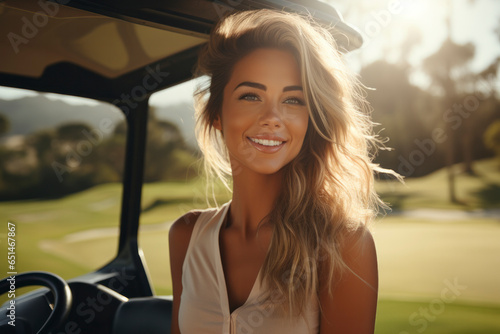 A beautiful smiling young blonde woman on a sunny day posing on a golf course