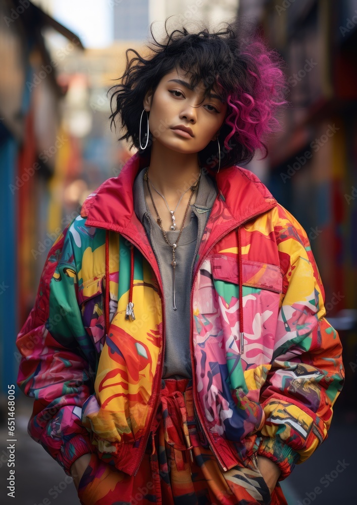 Portrait of a non-binary person with colored hair against a bright urban background.