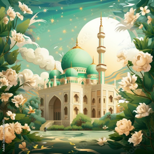 Arab mosque with flowers on green background © stv