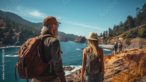 Senior couple trekking along the beautiful Pacific coast, enthralled by the grandeur of nature in their active retirement..