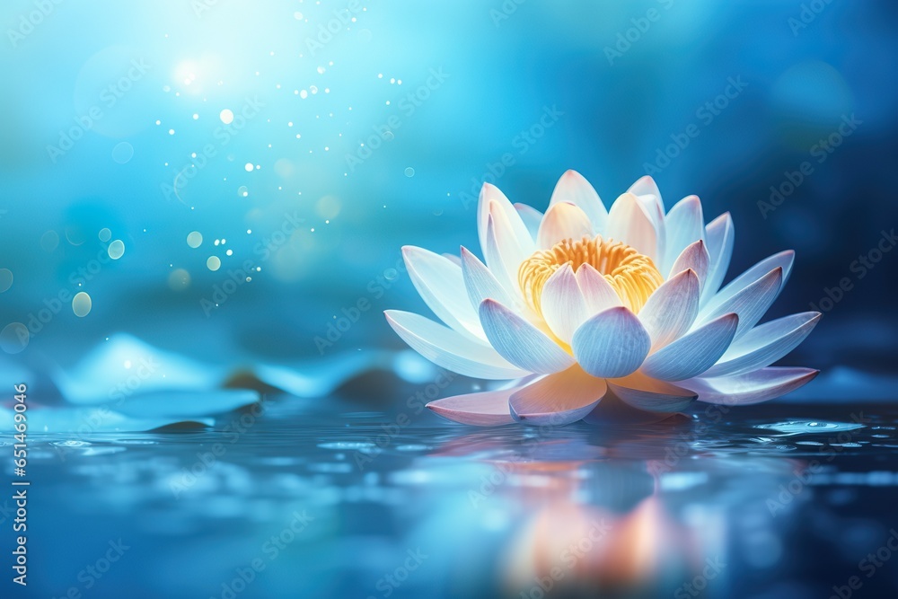 Lotus flower on blue water background with bokeh effect photorealistic