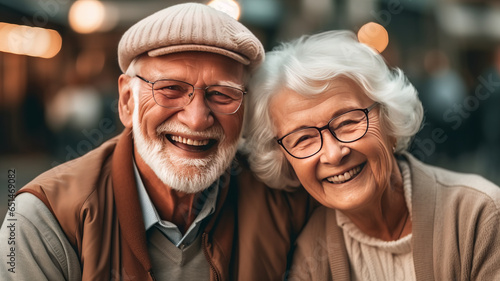 elderly couple is happily posing for a picture, sharing smiles.generative ai