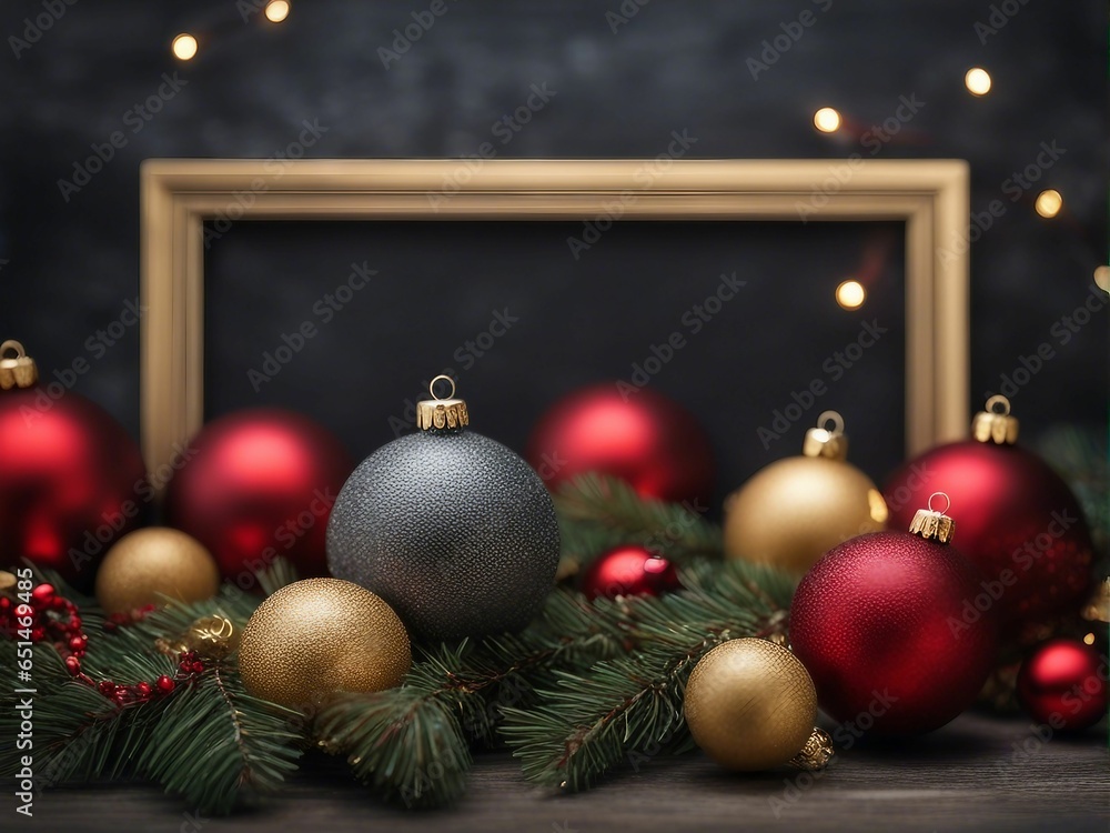 Festive Christmas Decorations on Table with Elegant Frame. Joyful Holiday Ornaments and Seasonal Centerpiece
