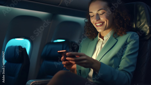 A Smiling female entrepreneur in suit using smartphone while sitting in an airplane.generative ai