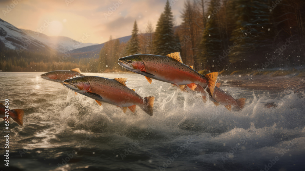 Fototapeta premium Salmon herd jumping out of the water towards the camera.generative ai