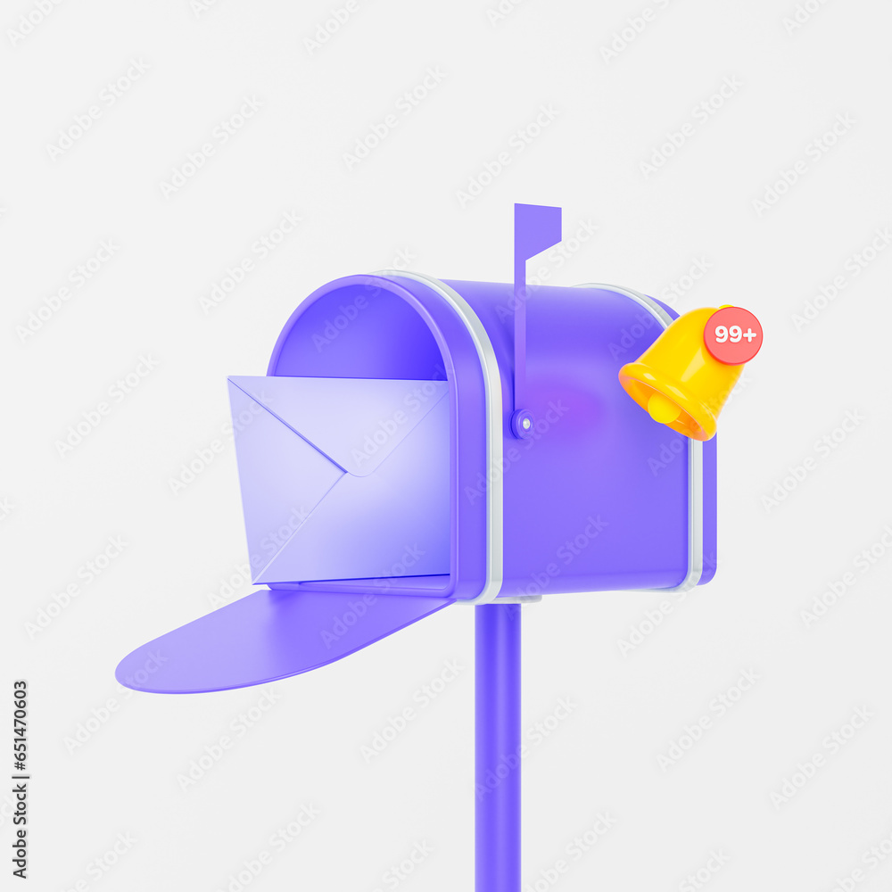 3D Purple mailbox with envelope, mail delivery, newsletter and notifications concept. 3d render. Newsletter concept. Sent mail or email. Cartoon postbox icon isolated background. 3D Rendering. 3D Purple mailbox with envelope, mail delivery, newsletter and notifications concept. 3d render. Newsletter concept. Sent mail or email. Cartoon postbox icon isolated background. 3D Rendering.