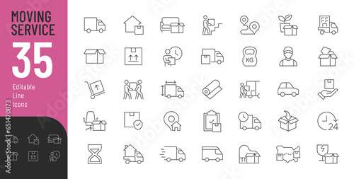 Moving Service Editable Icons set. Vector illustration in modern thin line style of types of freight transportation and related services: office moving, country moving, loading, packaging, e.s.t photo