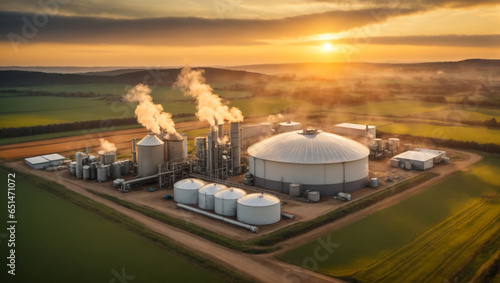 Modern biogas plant between several fields in rural region with sunset background, Bioenergy plant utilizing organic waste, Generative Ai photo