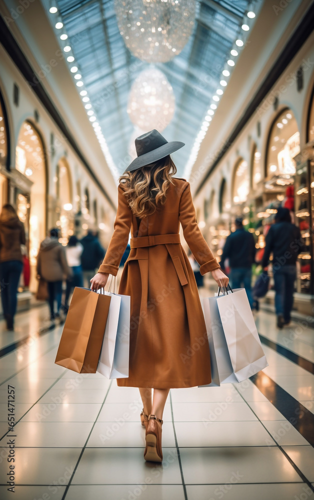 A woman with shopping bags walks in a shopping mall, seen behind