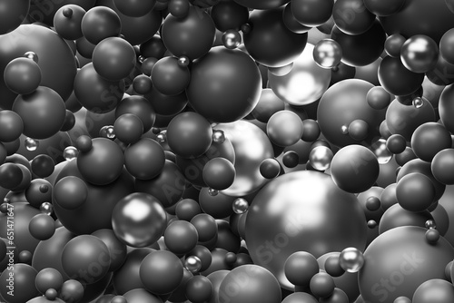 Bubbles black sphere float frosted glass sphere, black crystal balls shine on light molecule, particle. Abstract background or backdrop luxury elegant about cosmetic, science, atome. 3D Illustration.