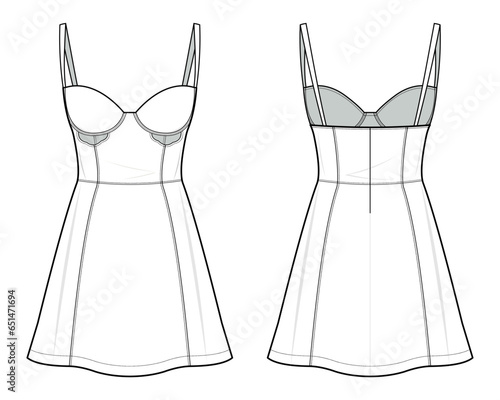 white mini dress fashion flat technical drawing template, Fashion Flat Sketch, mini dress with cut-out design, Apparel Design Template for women, front view, back view, white, CAD mockup set.