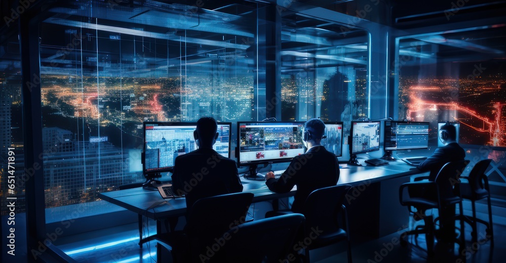 cyber defense agents in an advanced operations hub, meticulously identifying cyber threats - obrazy, fototapety, plakaty 