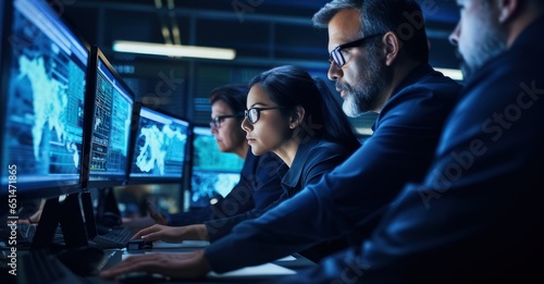 network security team in a cutting-edge control room, seeking potential cyber vulnerabilities