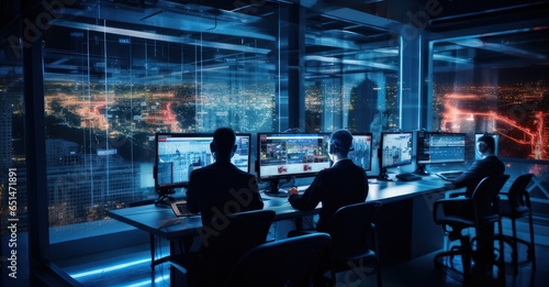 cyber defense agents in an advanced operations hub, meticulously identifying cyber threats