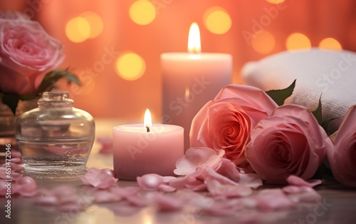 relax spa background in soft lighting, Candles, rose , petal, aromatherapy, cozy meditation