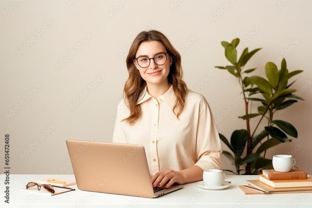 businesswoman works with laptop at desk in an office businesswoman works with laptop at desk in an office