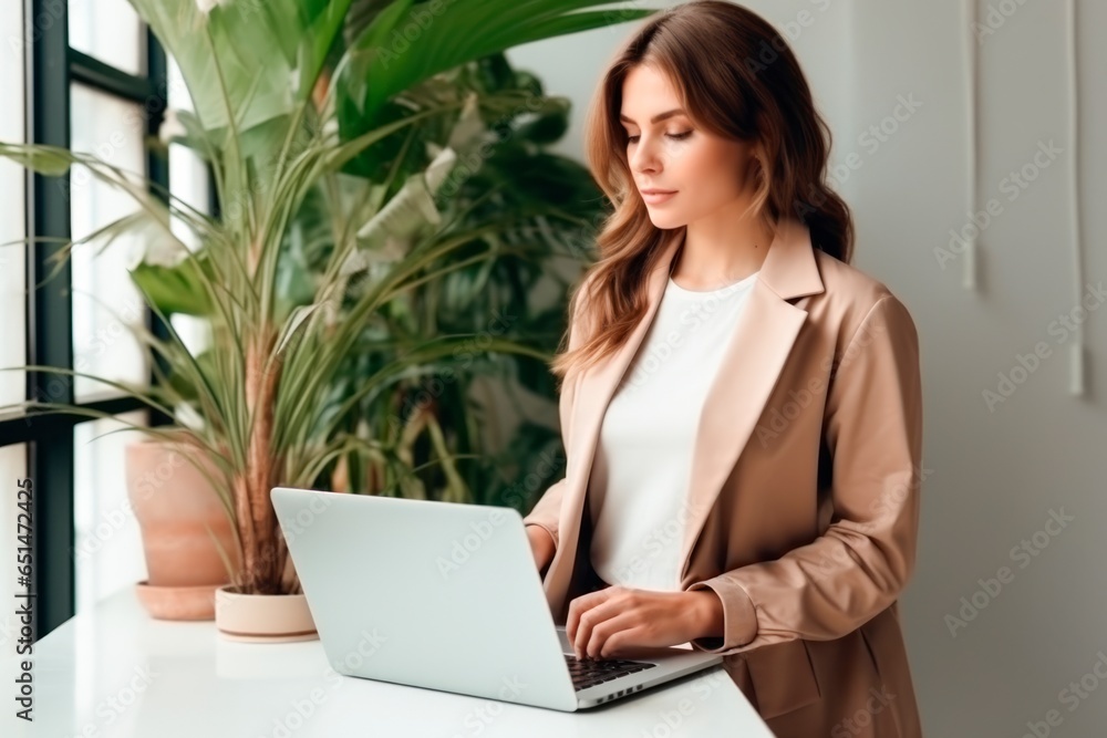 businesswoman works with laptop at desk in an office businesswoman works with laptop at desk in an office